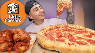 MUKBANG EATING Little Caesars Crazy Stuffed Crust Pepperoni Pizza And BBQ Wings [upl. by Atiluj]