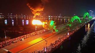 Dragon Bridge Fire Show Danang Vietnam Drone 4k [upl. by Arutak]