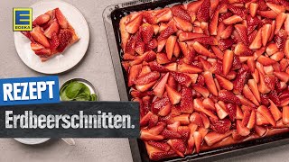 Leckere Erdbeerschnitten  Erdbeerkuchen mit Biskuitboden vom Blech [upl. by Hazelton]