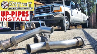 2001 F350 73  RiffRaff UpPipes Install  Stock up pipes leaking and falling apart JUNK SP [upl. by Lonee]