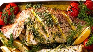 Whole Baked Fish  Herb Stuffed with Garlic Butter Dill Sauce [upl. by Emilee]