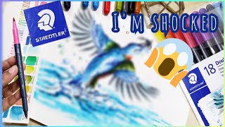 I am SHOCKED STAEDTLER watercolor brush pens REVIEW  painting a kingfisher with them [upl. by Eohce]