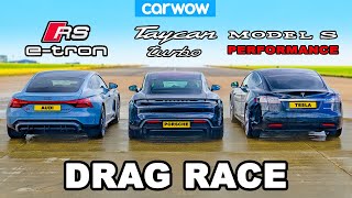 Audi RS etron GT v Porsche Taycan v Tesla Model S DRAG RACE [upl. by Breed]